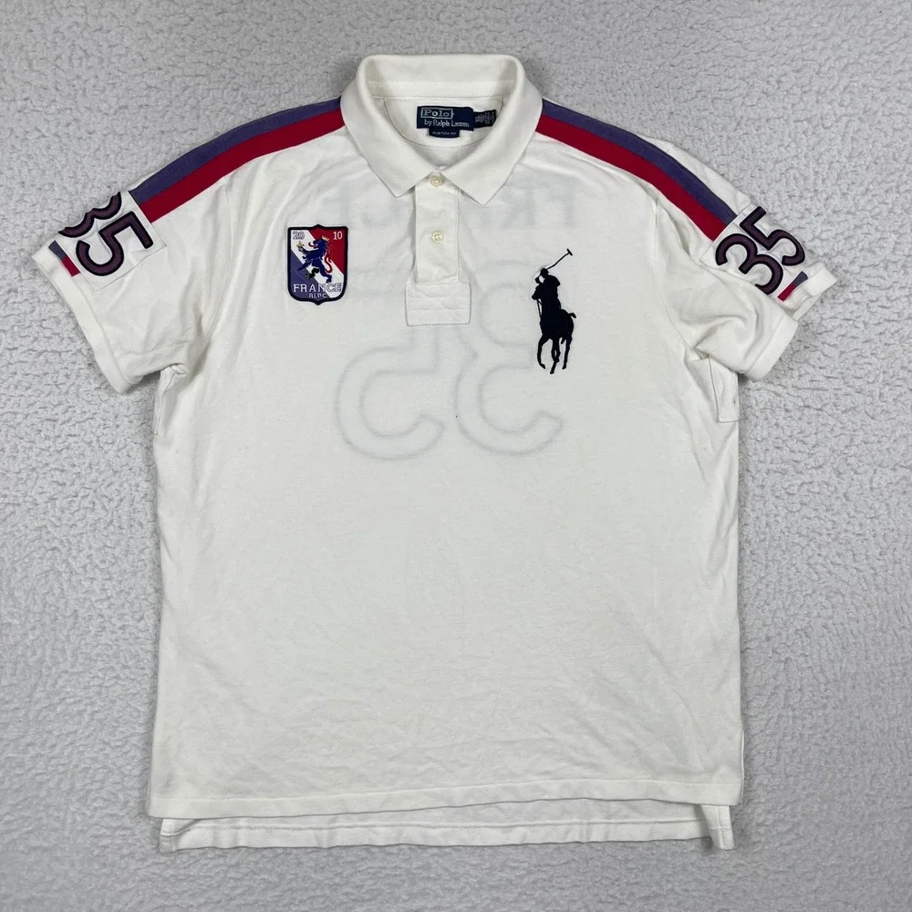 Polo Ralph Lauren France Polo Shirt Mens XL White Big Pony Custom Fit Sporty